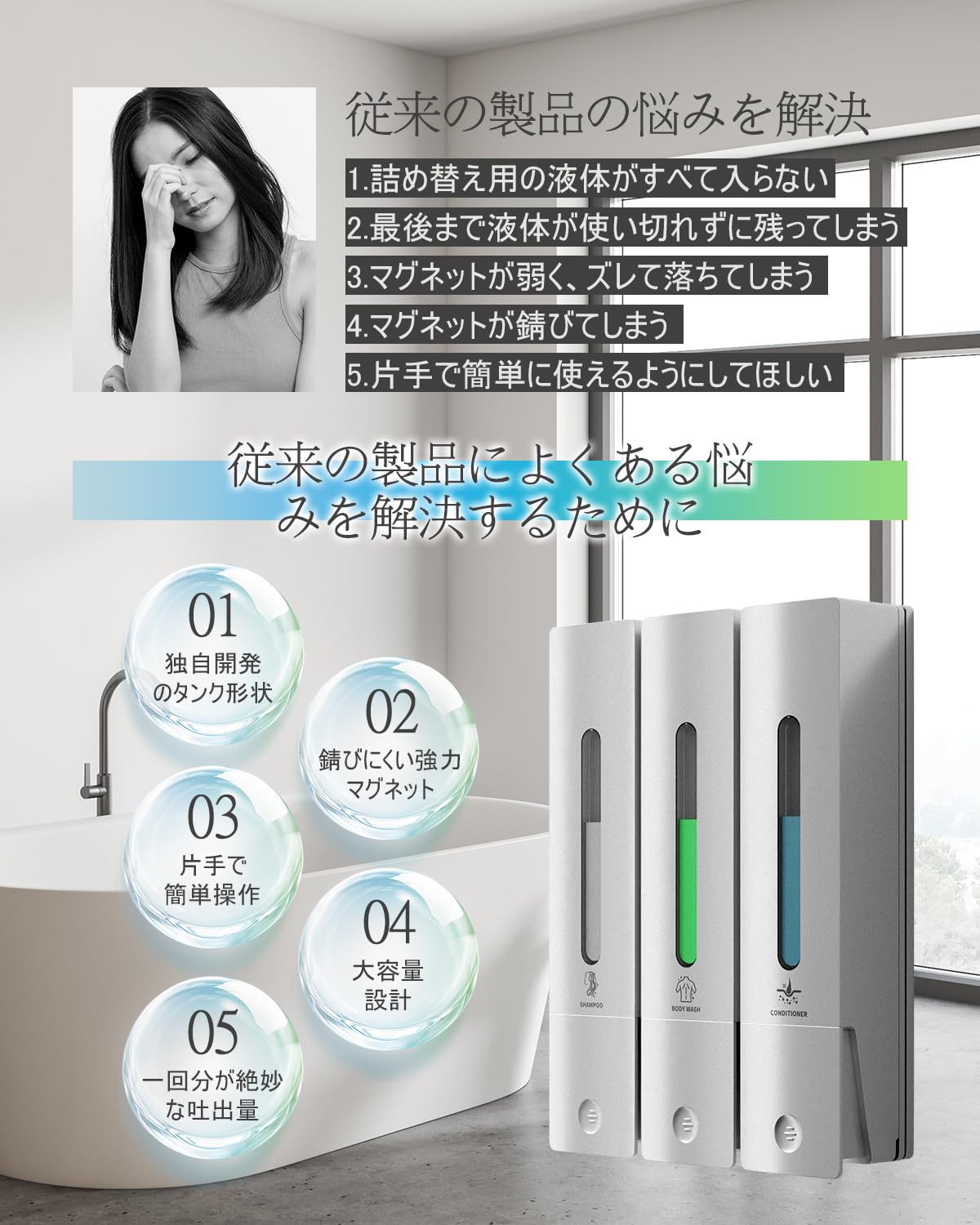 シャンプーボトル 3室 壁掛けタイプ 各400ML シャンプー・コンディショナー Amazon｜シャンプーボトル 3室｜壁掛けタイプ 各400ML｜シャンプー
