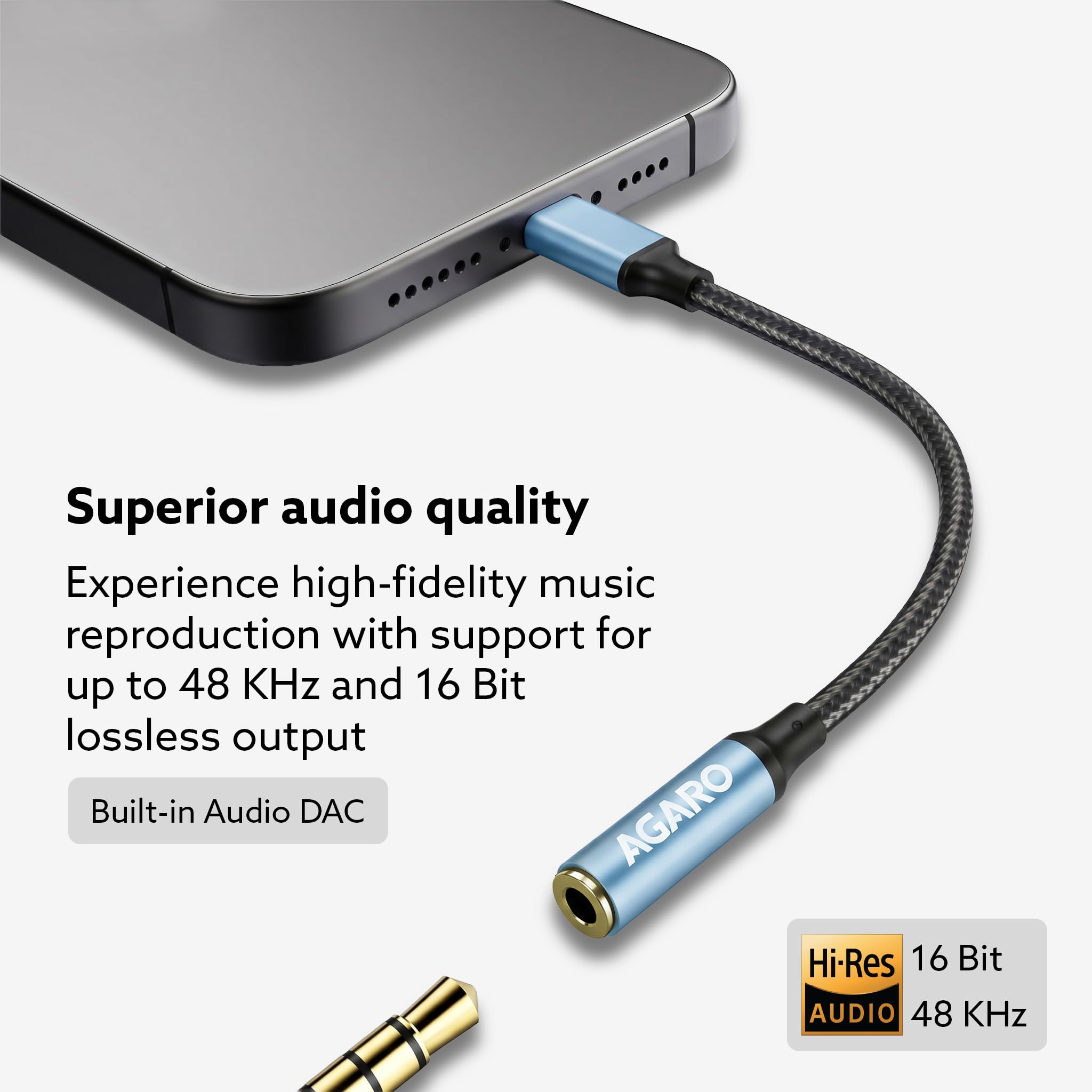 AGARO Type-C to 3.5mm Aux Female Converter with Built-in DAC, Hi-Res Durable Audio Adapter, Supports Mic & Calls, Compatible with iPhone 15 & above, Mobile, Laptops, Plug & Play USB-C to AUX Adapter — Amazon image 5