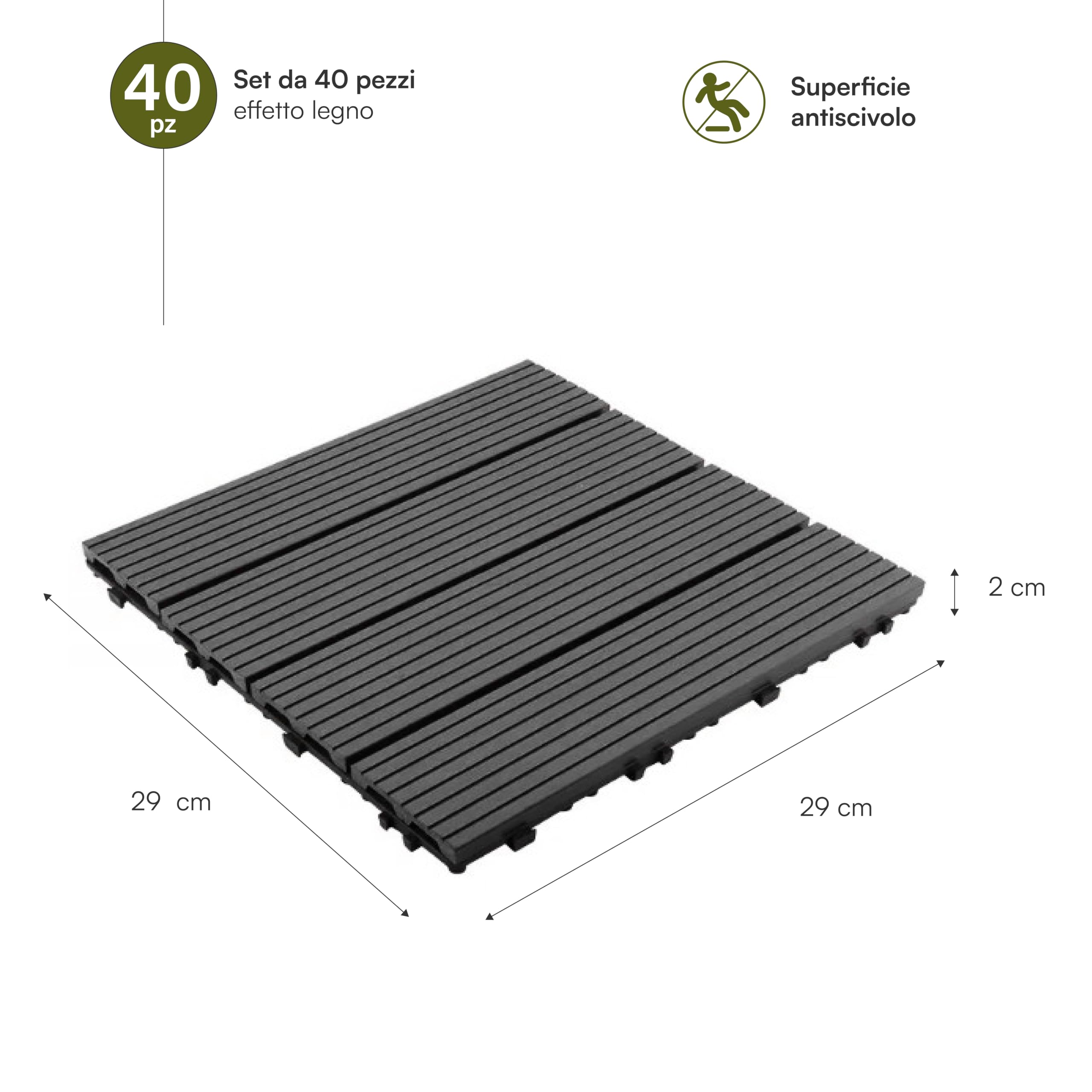 Baroni Home Piastrelle per Esterno a Incastro in PP, Set 40 Pezzi, Pavimentazione Modulare Resistente agli Agenti Atmosferici, per Giardino, Terrazzo, Balcone e Patio, 29x29x2 cm (Grigio)