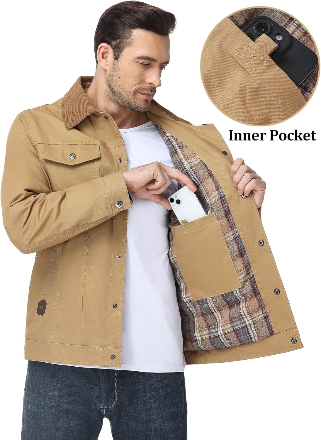 Flygo Mens Flannel Lined Shirt Jacket Cotton Corduroy Turndown Collar Snap Button Rugged Cargo Trucker Jacket Multi Pockets - Image 4