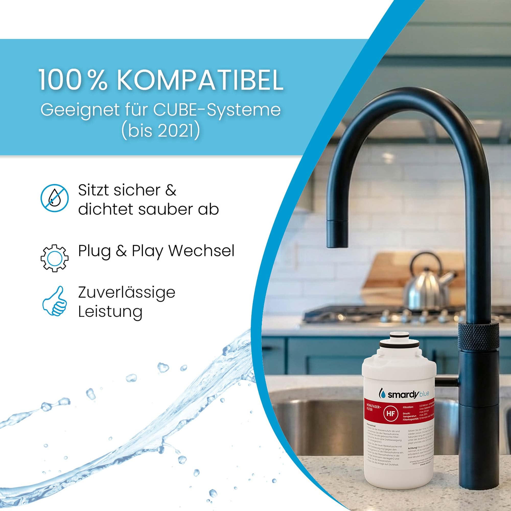 smardy blue Ersatzfilter für Quooker Cube (bis Modell 2021) – Ultrafiltration Hohlfaser-Membran 0,01 µm – 9400 Liter / 12 Monate – reduziert Bakterien, Viren & Mikroplastik