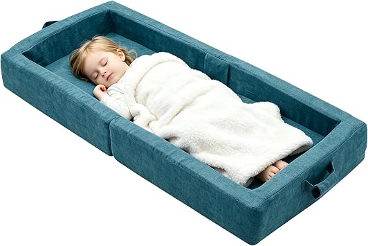 Umoving Portable Foldable Toddler Floor Bed, Soft Foam Travel Bed with Washable Cover, Built-in Raised Edges, No Assembly for Sleepovers, Travel & Home Use, Teal Blue