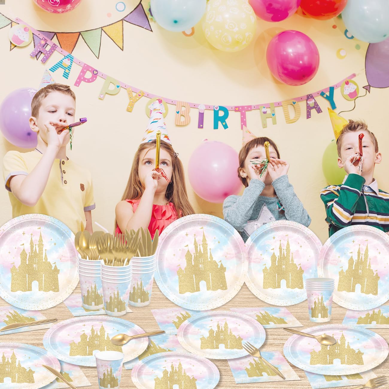 168pcs Princess Party Decorations Castle Paper Plates Napkins Disposable Tableware Set Paper Cups Watercolor Pastel Rainbow Princess Castle Birthday Party Supplies Serves 24 - Image 6