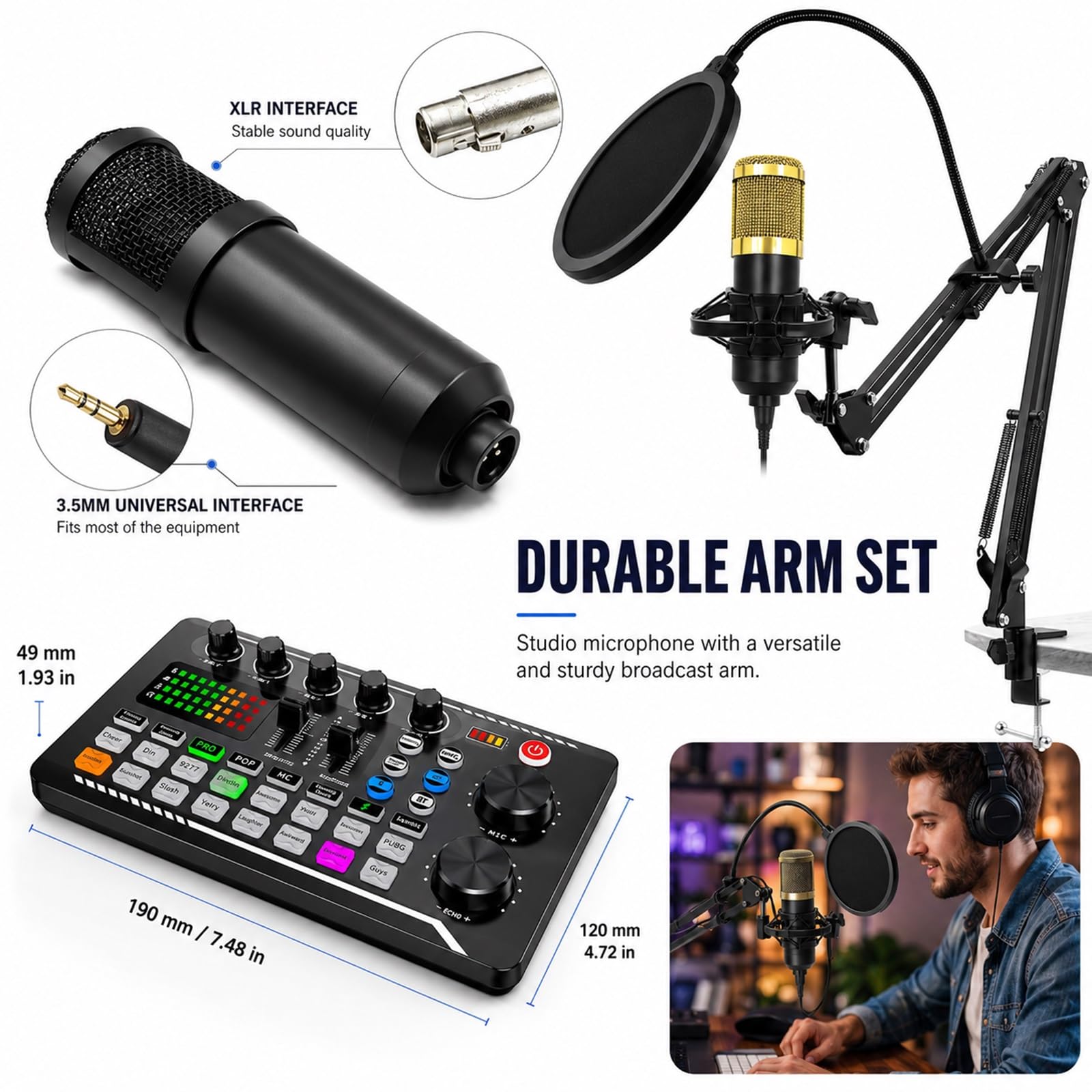 Kit Completo Per Podcast, Scheda Audio F998 E Microfono Da Studio BM-800 Con Braccio A Pantografo Regolabile; Include Mixer DJ, Interfaccia Audio E Modulatore Di Voce Per Live Streaming(Nero)