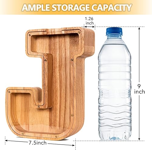 Miniatura 509 de SummiDate Alcancía de madera con nombre, niños y niñas, tamaño grande, letras alfabeto A-Z, monedas y billetes, inicial en cubierta transparente
