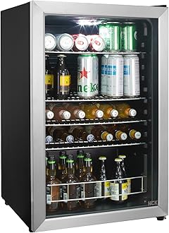 – HCK Beer Fridge 115L Freestanding Beverage Refrigerator with Double Glazed Glass Door, Temperature from 0 to 10℃, Energy Class D