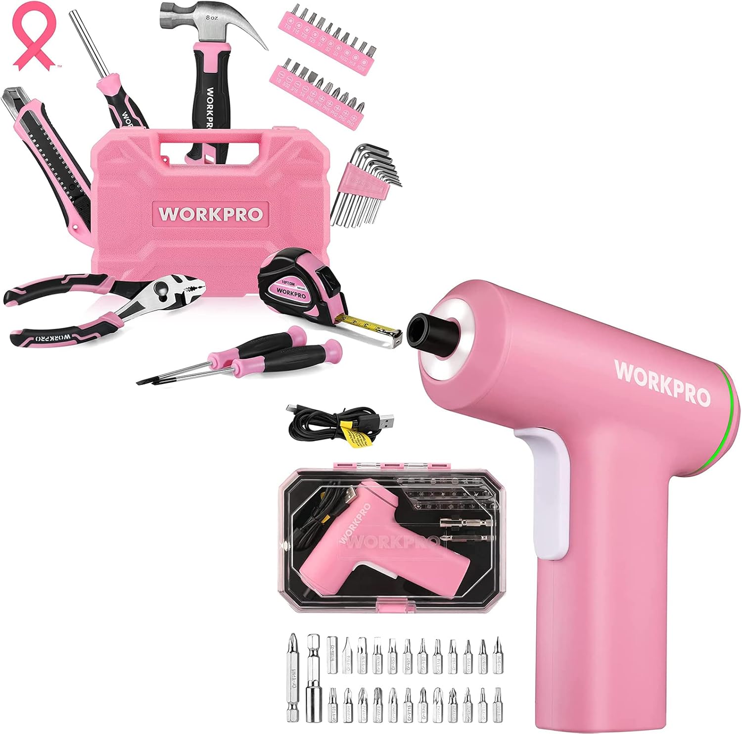 WORKPRO 35Piece Pink Tools Set + 3.6V Pink Electric Cordless Screwdriver Set
