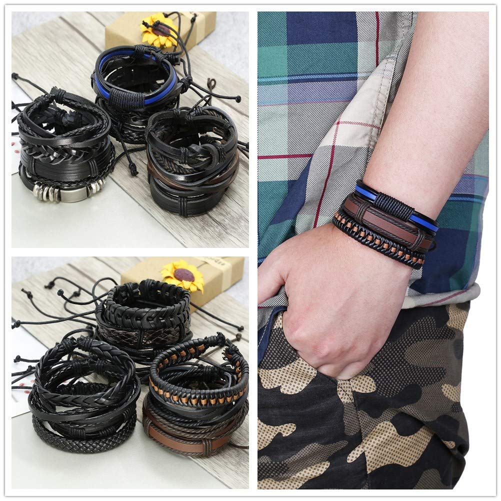 FINREZIO24 PCS Black Braided Leather Bracelets Set for Men Wrap Cuff  Bracelet Adjustable