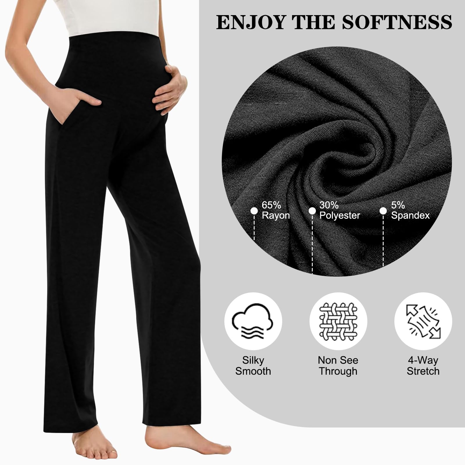 Risipu Pantalon de maternité taille haute doux et extensible pour femme - Pantalon de grossesse confortable avec poches