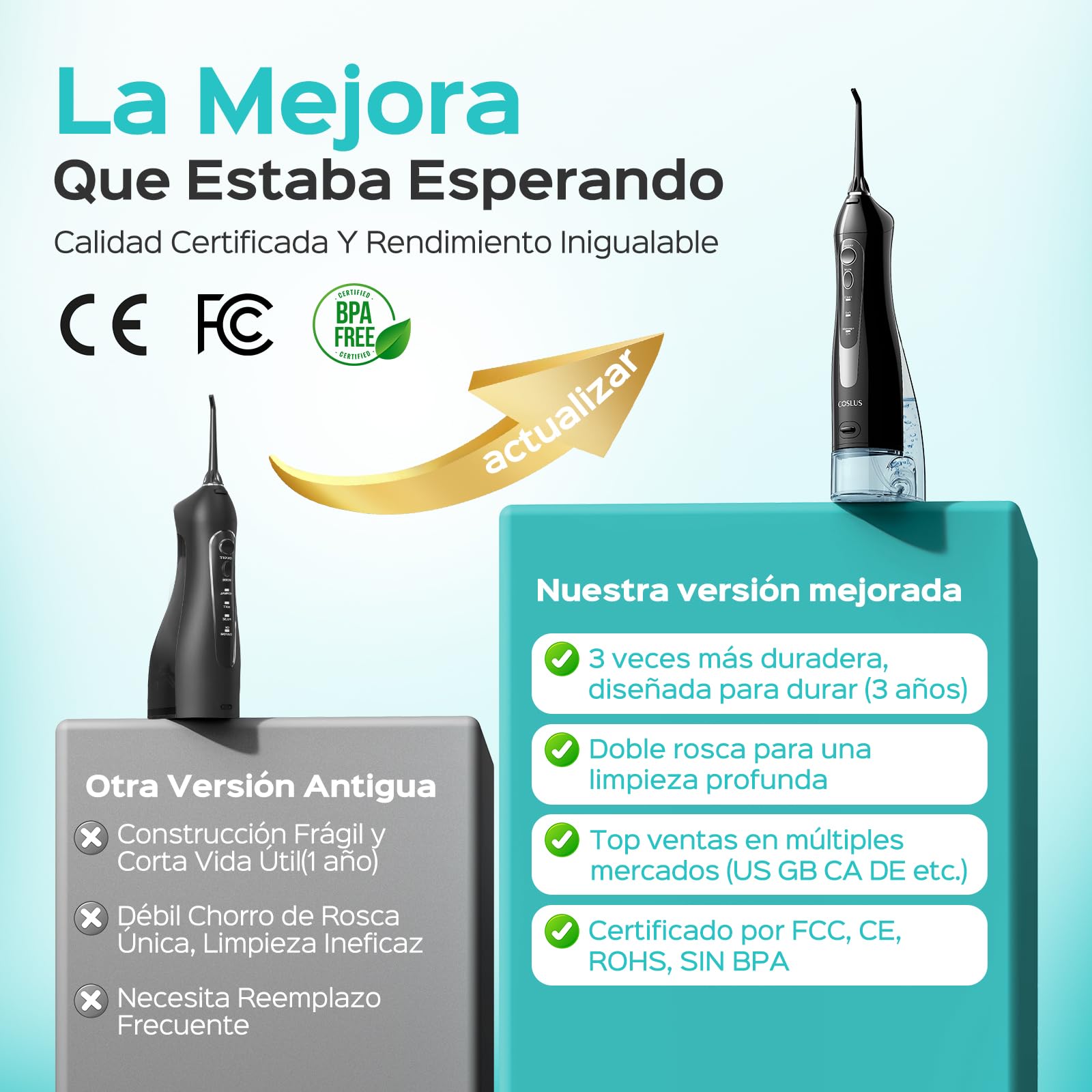 COSLUS C20 Irrigador Bucal Portatil Flosser: 300ML Irrigador Dental Inalámbrico de Riego para Limpieza Dental Doble chorro de agua IPX7 Impermeable Limpieza Diente Para Hogar baño y los Viajes Negro