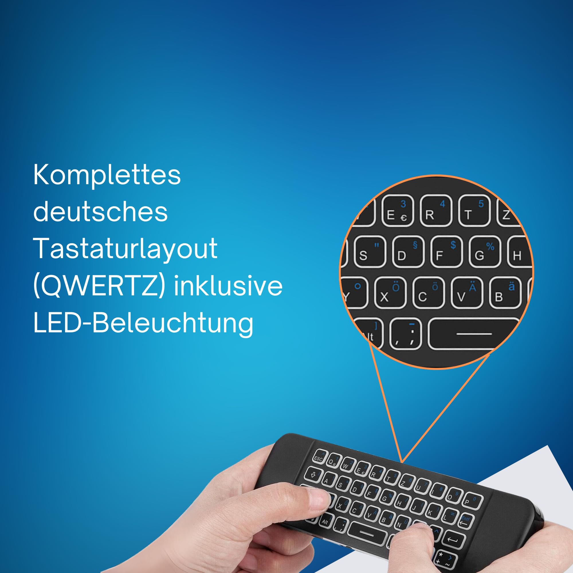 Orbsmart AM-1 Pro Airmouse Tastatur QWERTZ, Mini PC & TV Box Fernbedienung | LED-Hintergrundbeleuchtung & wiederaufladbarer Akku. Präzise Steuerung per Gyro-Sensor & Mikrofon. Inklusive IR-Lernfunktion