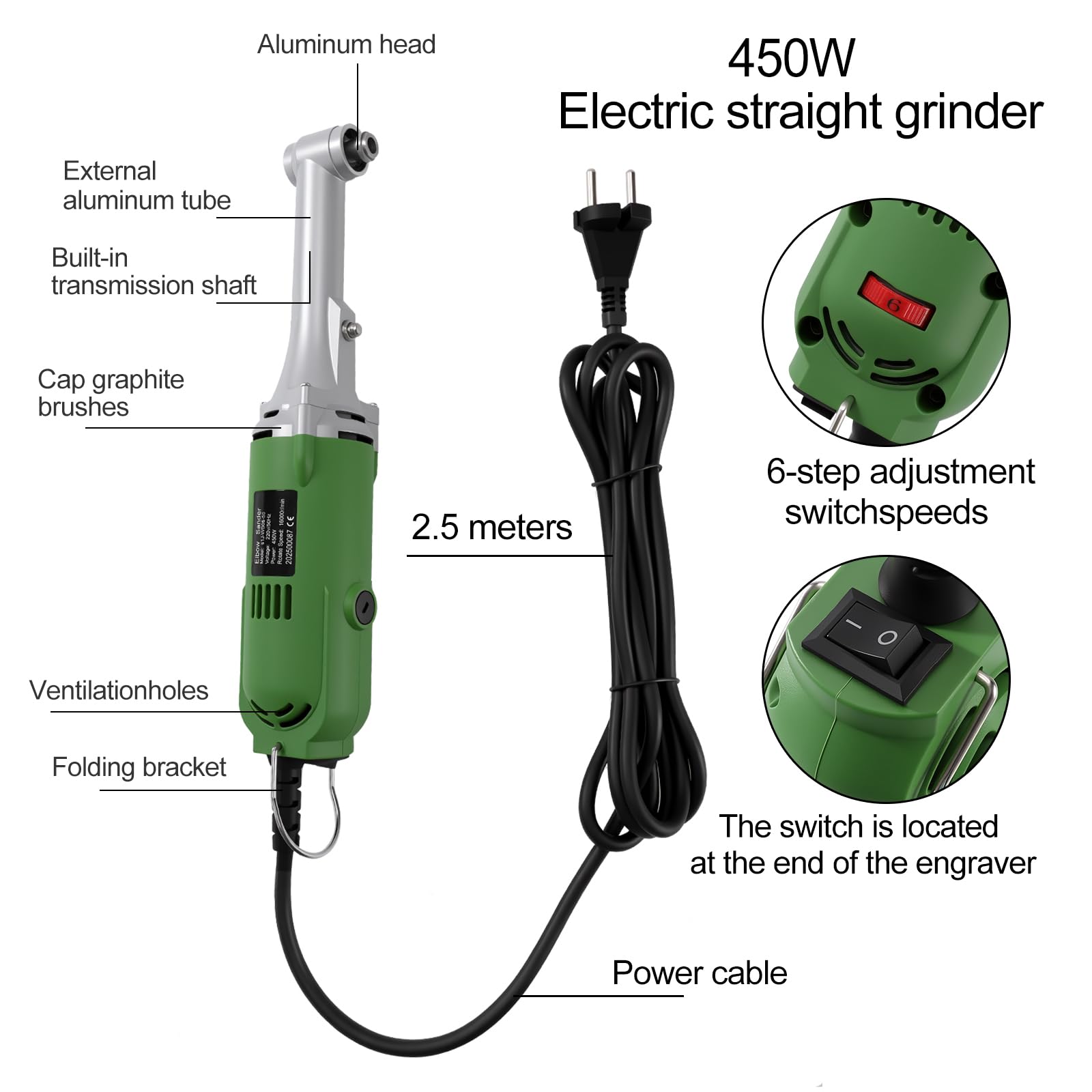 Outil De Restauration Des Joints De Carrelage 450W,Meuleuse Droite (vert) | Outil Rotatif Électrique Professionnelle avec 6 Vitesse Réglables, 16 000 tr/min, Pince 3mm, pour Meulage et Tronçonnage
