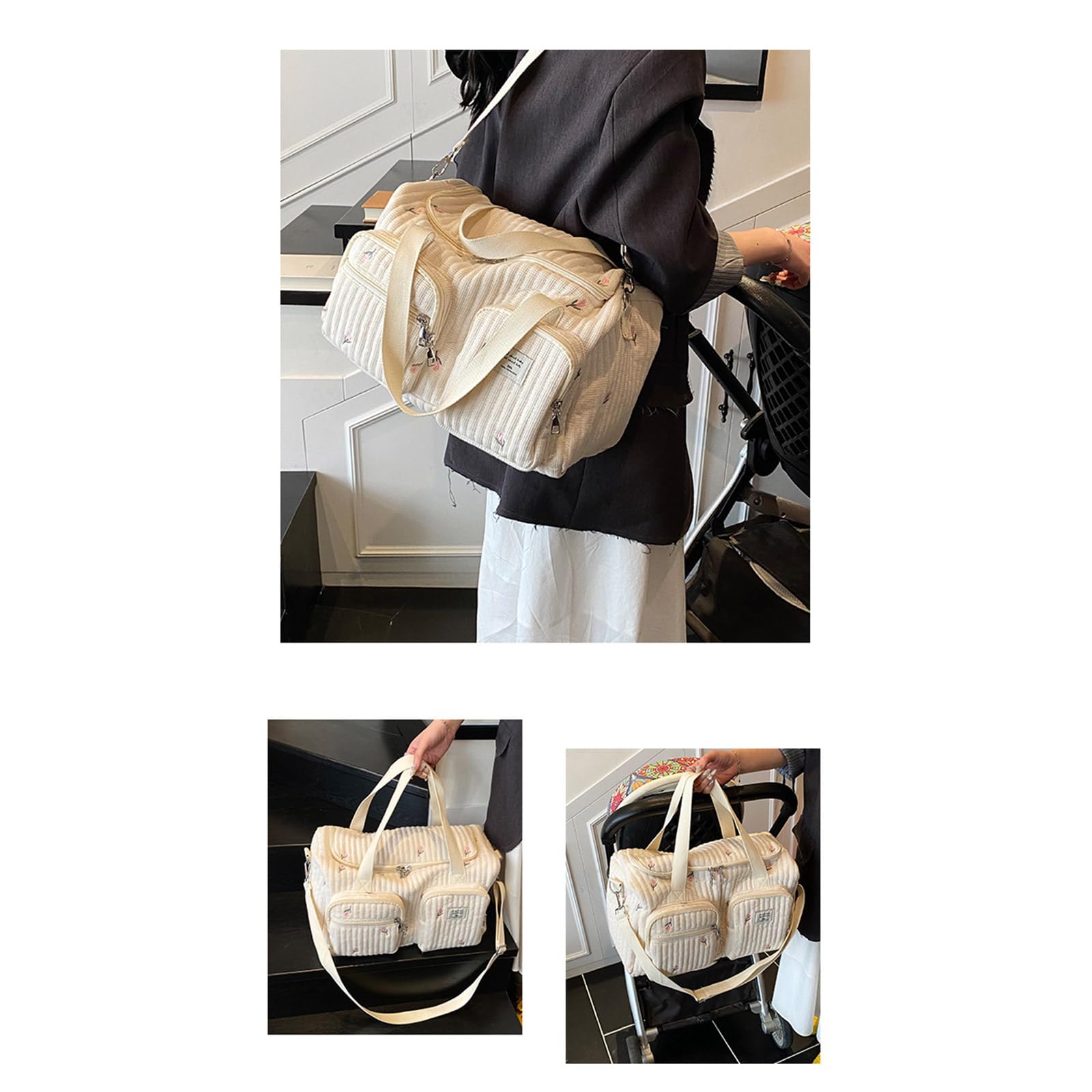 Bolso cambiador de pañales de bebé con bordado de dibujos animados, gran capacidad, organizador de algodón con correa para el hombro