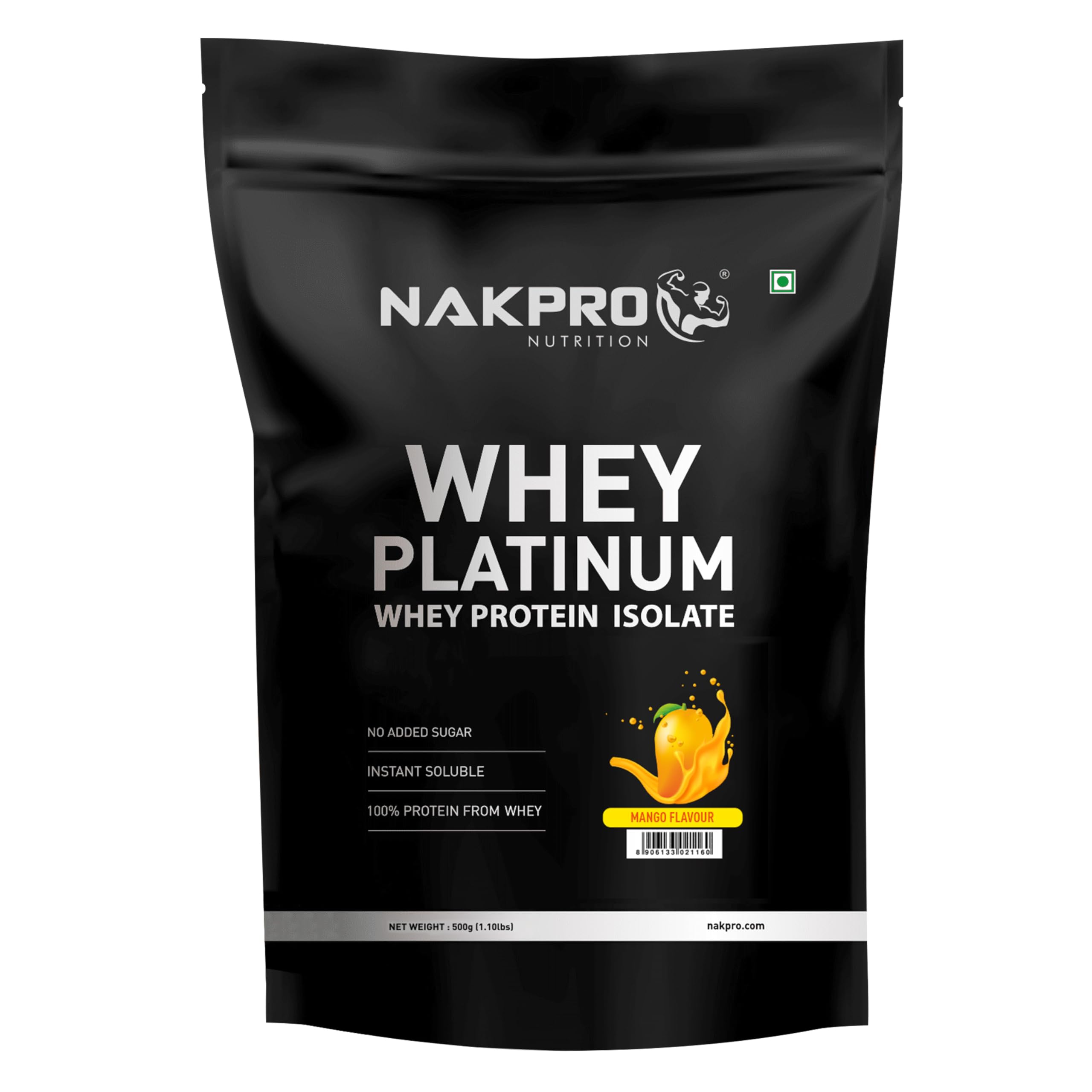 NAKPROPlatinum Whey Protein Isolate 500g Mango | 28g Protein, 6.4g BCAA | Trustified Certified 100% Authentic Supplement Powder & No Adulteration | Low Carbs, Fast Absorbing Whey Protein Powder