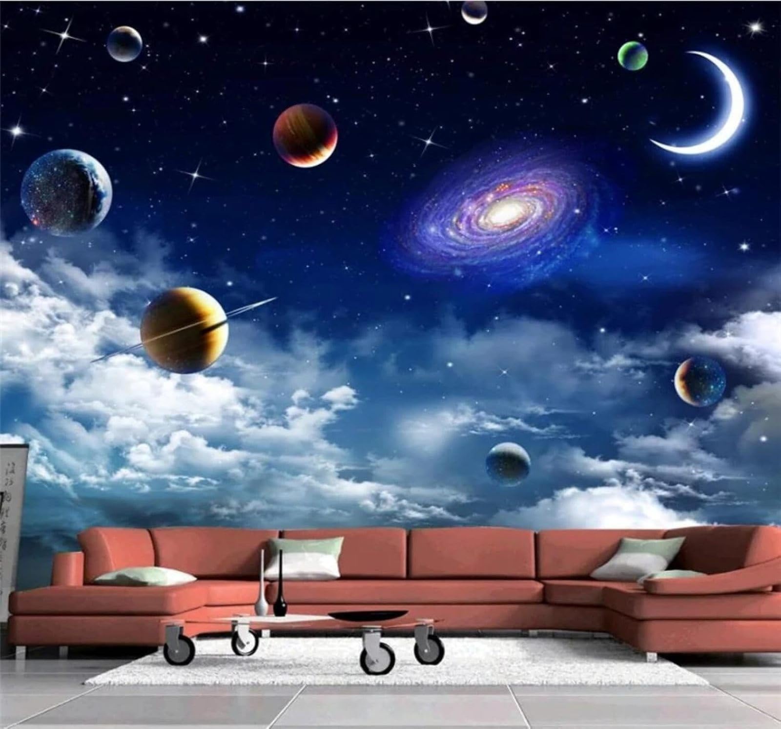 XLMING Beautiful Universe Galaxy Spiral Moon 3D Wallpaper Silky Texture Home Study Office Grey Dining Room Sofa Bedroom Living Room TV Backdrop-400cm×280cm
