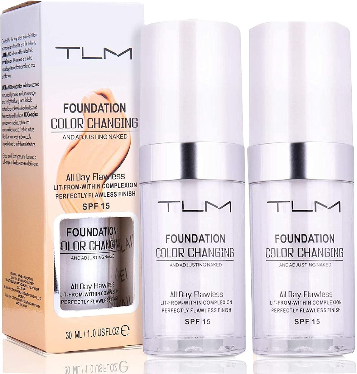 2 piezas 30 ml TLM base que cambia de color maquillaje corrector cubierta crema cobertura completa base líquida impecable cara desnuda cubierta líquida corrector cambio tono de piel base hidratante durante todo el día para mujeres y niñas