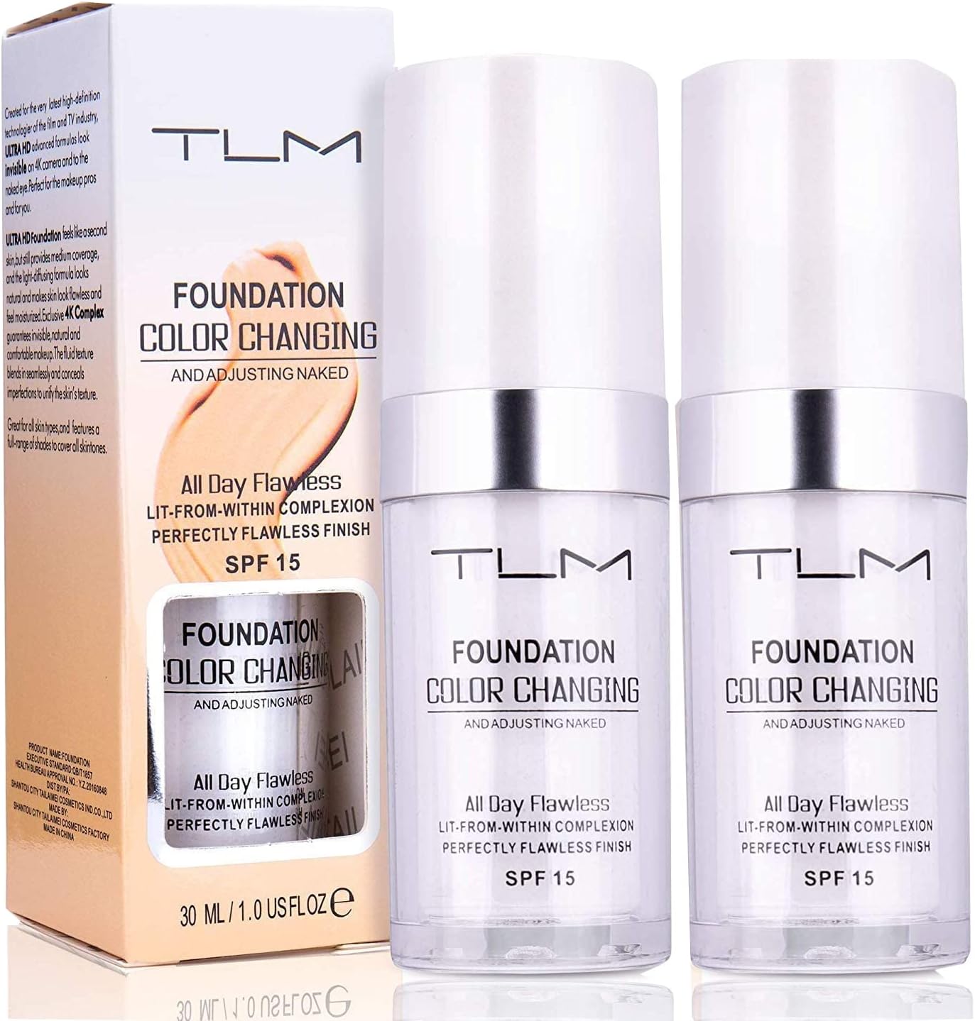 2Pcs 30ml TLM Colour Changing Foundation Makeup Concealer Cover Cream Full Coverage Flawless Liquid Base Nude Face Liquid Cover Concealer Change Skin Tone All-Day Moisturizing Foundation for Women&Girls