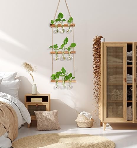 Miniatura 5 de ohohFLOWER Estación de propagación de plantas de 3 niveles, terrario para colgar en la pared con soporte de madera, florero de 9 lágrimas para