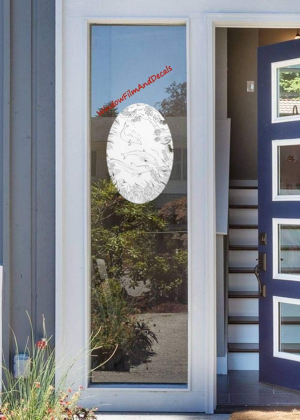 Dolphin Scene Oval Etched Window Decal Vinyl Glass Cling - 15" x 23" - White with Clear Design Elements