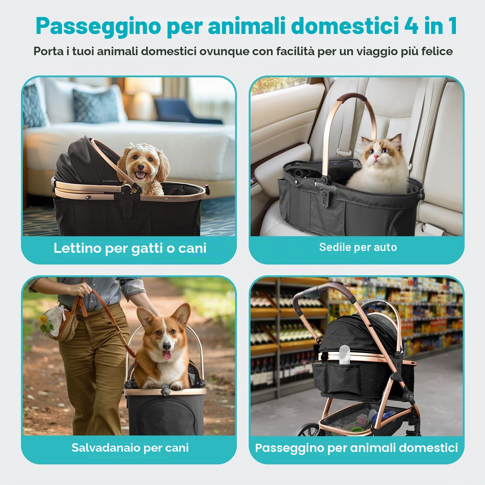 Passeggino per Cani 4 in 1 fino 25 Kg,Telaio in alluminio anodizzato 100% pieghevole,ruote gomma schiumosa 360°,Staccabili,adatto per cani e gatti di medie e piccole taglie, Marrone