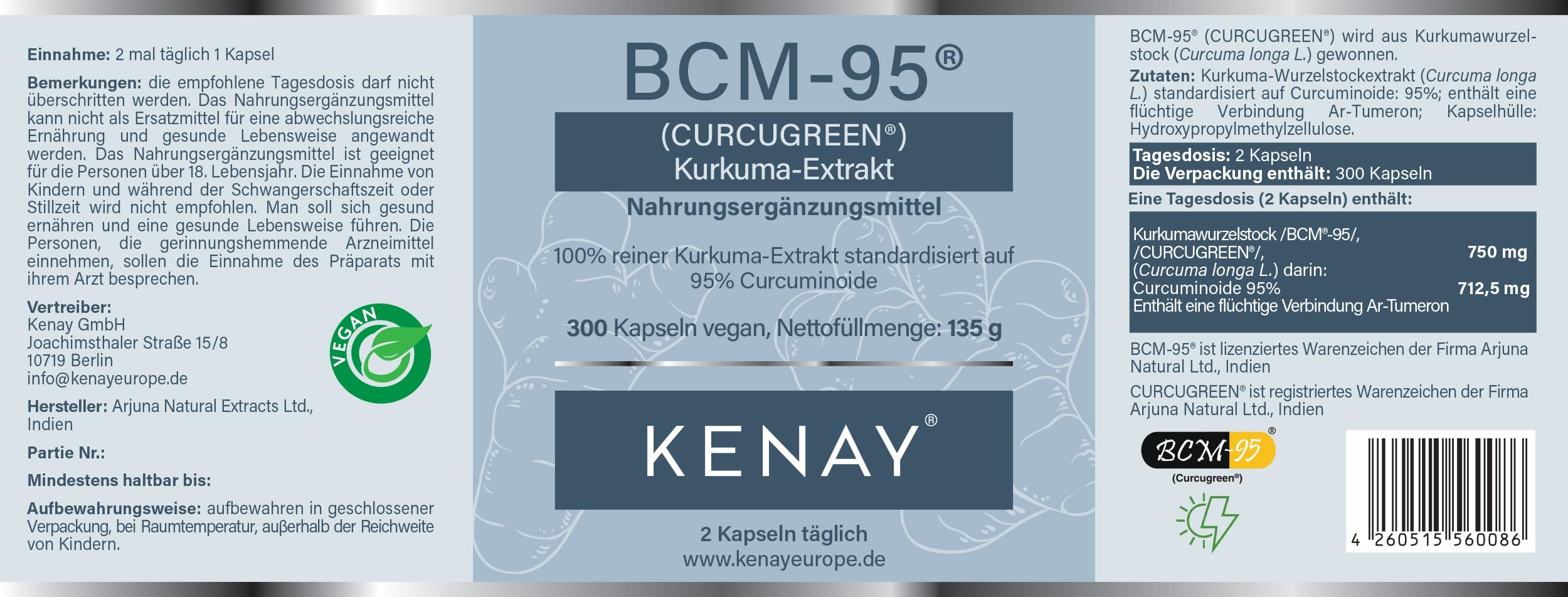 BCM-95® (Curcugreen®) Kurkuma-Extrakt - 750mg pro Tagesdosis - pflanzliche Kapsel - Vegan - Ohne Magnesiumstearat - 300 Kapseln vegan KENAY EUROPE
