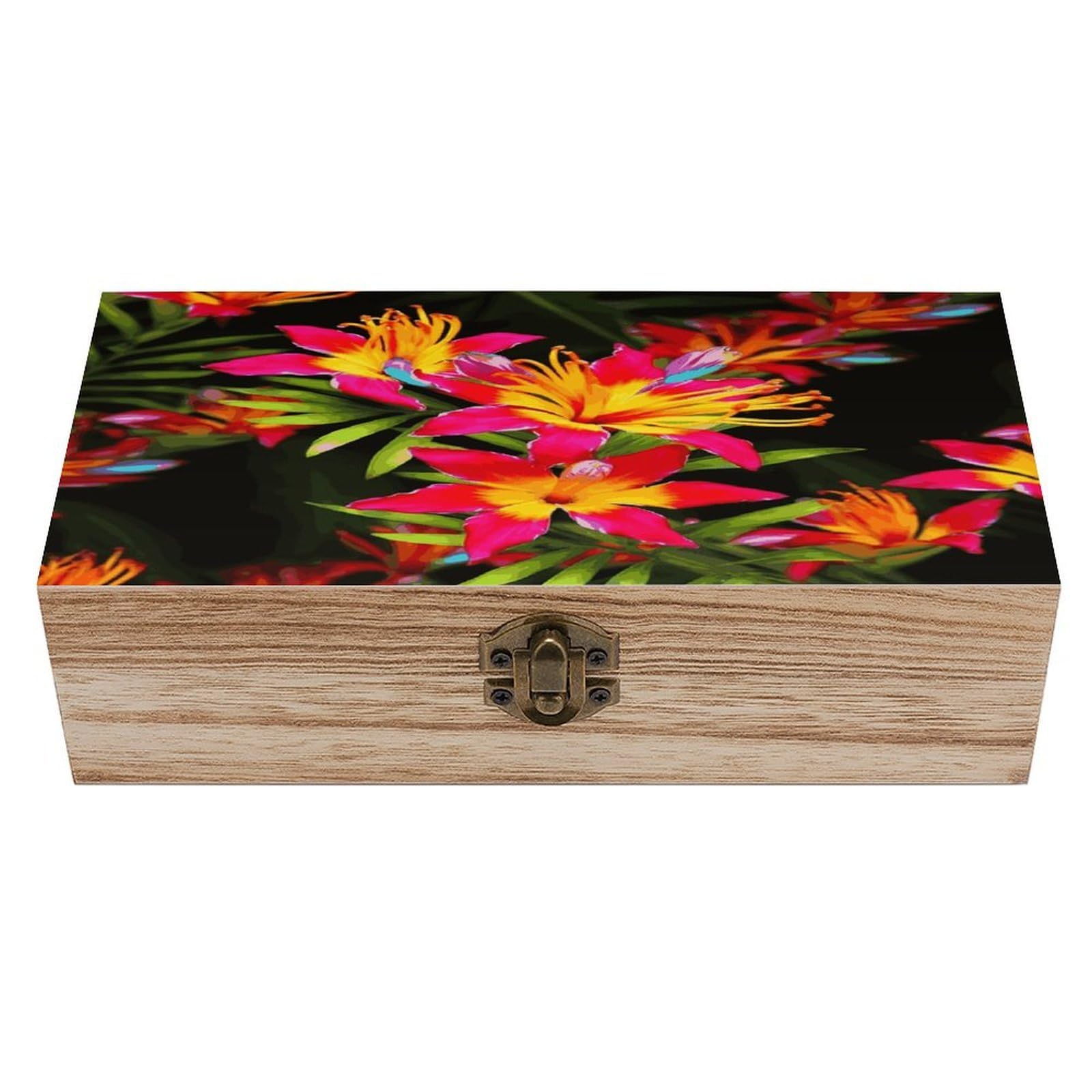 Btcowzrv Style Hawaiian Colorful Flower Wooden Storage Box, Keepsake Box With Hinged And Retro Lock, Wood Jewelry Organizer For Photos & Mementos And Home Decor