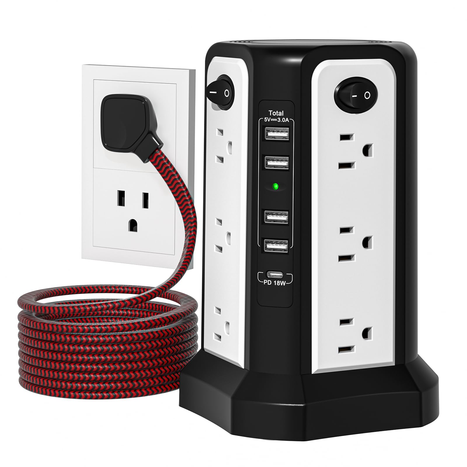 Photo 1 of 10FT Extension Cord with Multiple Outlets|PASSUS Surge Protector Power Strip with USB C(PD18W) Port|Flat Plug Braided Cord|Tower Outlets with USB Ports,Overload Protection for Home Office DormRoom
