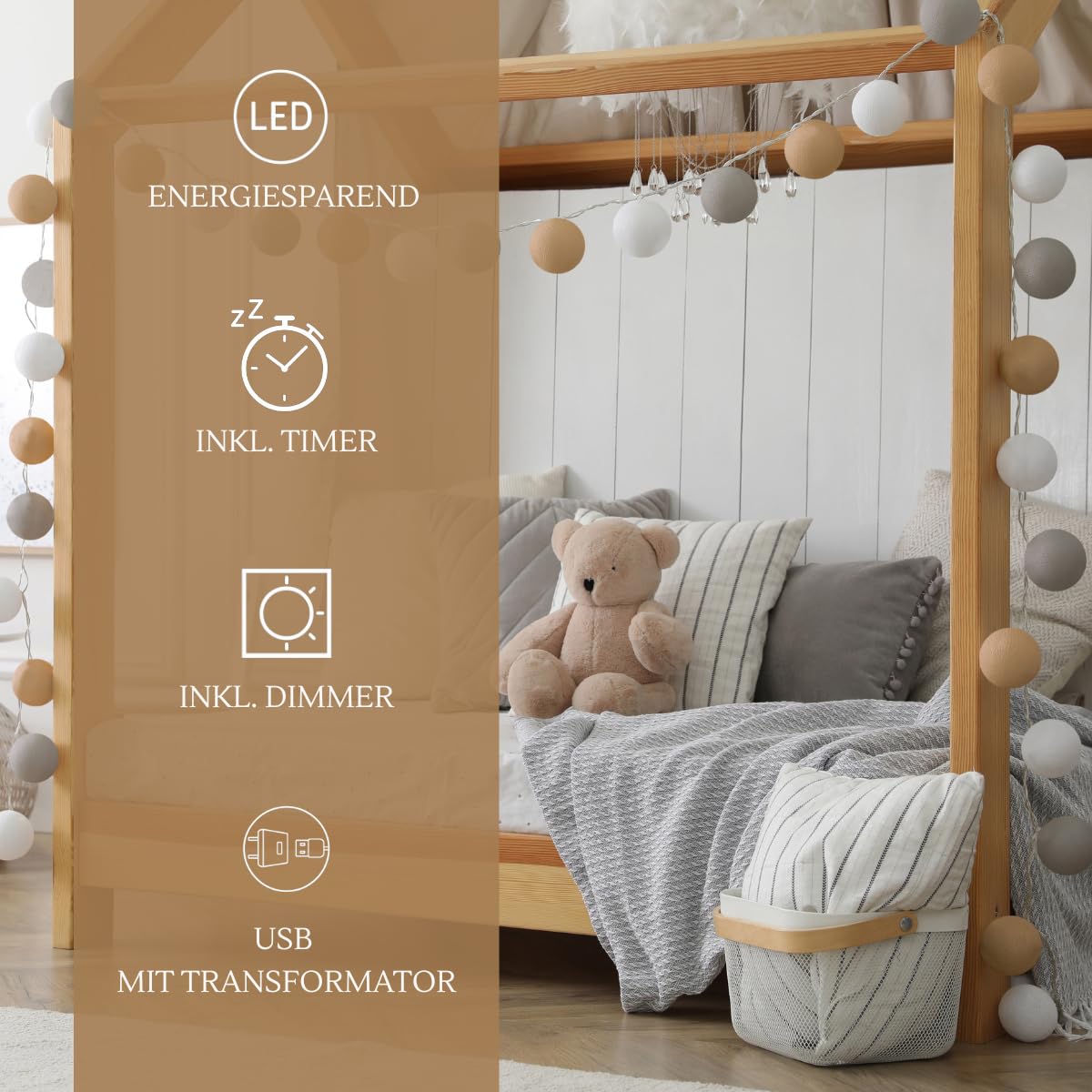 Relaxdays Catena LED, 10 Sfere Luminose in Cotone, da Atmosfera, a Batteria, Luci da 6 cm , Bianca