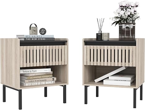 Nightstand Set of 2 with Drawer, Wooden Bedside Table for Bedroom, Small End Table with Open Shelf, Modern Sofa Side Table for Small Spaces