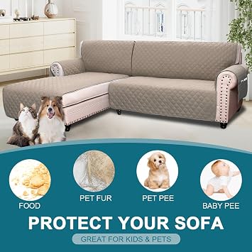 BellaHills Sofa Cover L Shape 2 Piece Couch Cover for Sectional Sofa Non Slip Corner Sofa Cover Water Resistant Chaise Sofa Cover for Dogs (Left Chaise Lounge + 3 Seater, Khaki)
