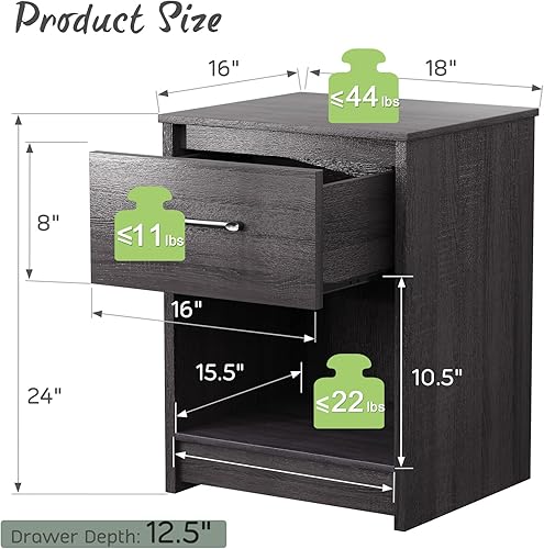 Miniatura 3 de Giantex Mesita de noche con cajón, juego de 2 mesas auxiliares de madera con compartimento de almacenamiento abierto, mesa auxiliar multiusos para