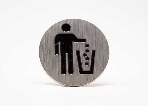 Logotipo de basura, emblema, medallón, cocina, oficina, parte delantera del gabinete, 1.5 pulgadas, acero inoxidable, latón, negro mate, cantidad 1