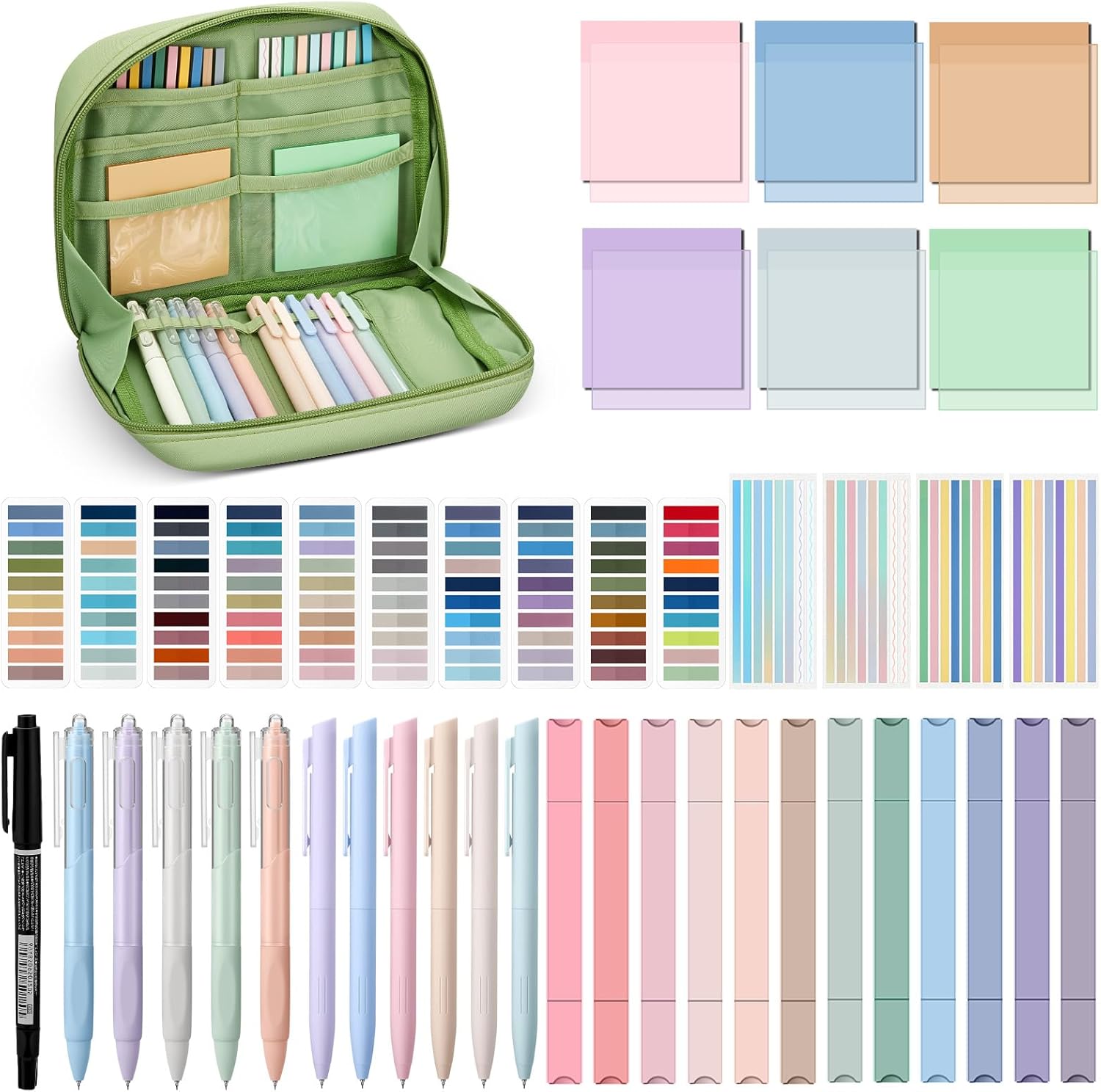 135 Pcs Book Annotation Kit Aesthetic Pencil Case Bag 12 Highlighter 11 Gel Pen 1 Marker 300 Sheet Transparent Sticky Notes Pad 2640 Index Stickers Bible Study Supplies(Kawaii,Green)