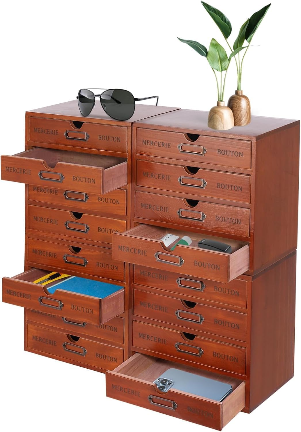 Vintage Apothecary Cabinet, 16-Drawer Flat File Cabinet, 4PCS 4-Slot Wooden Multi-drawer Apothecary Cabinet with Drawers for Home, Office, Schools, Library, Stackable, Multifunctional