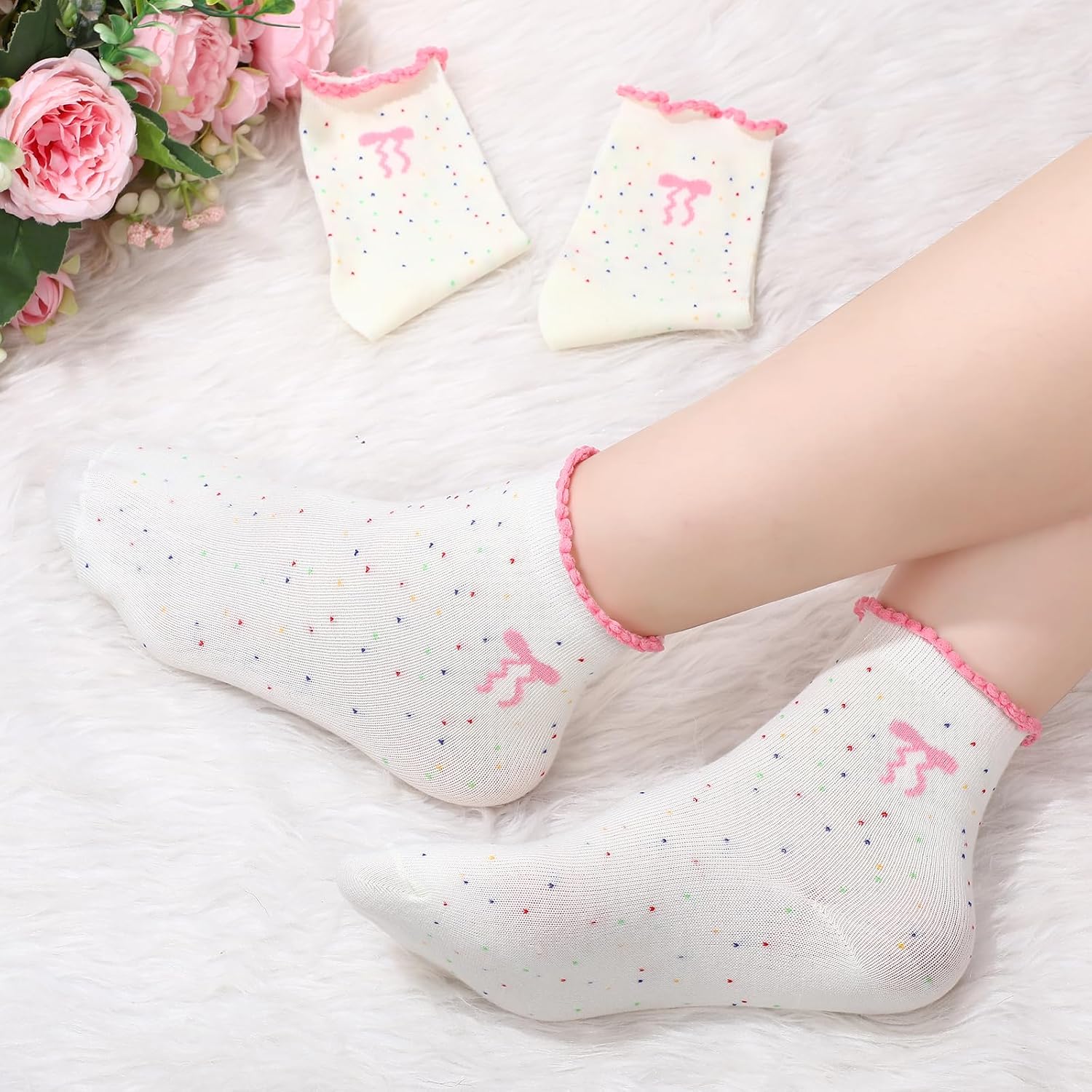 Chicingyou 10 Pairs Women Ruffle Socks Coquette Girly Frilly Cotton Crew Sock Bow Animal Heart Breathable Ankle Socks