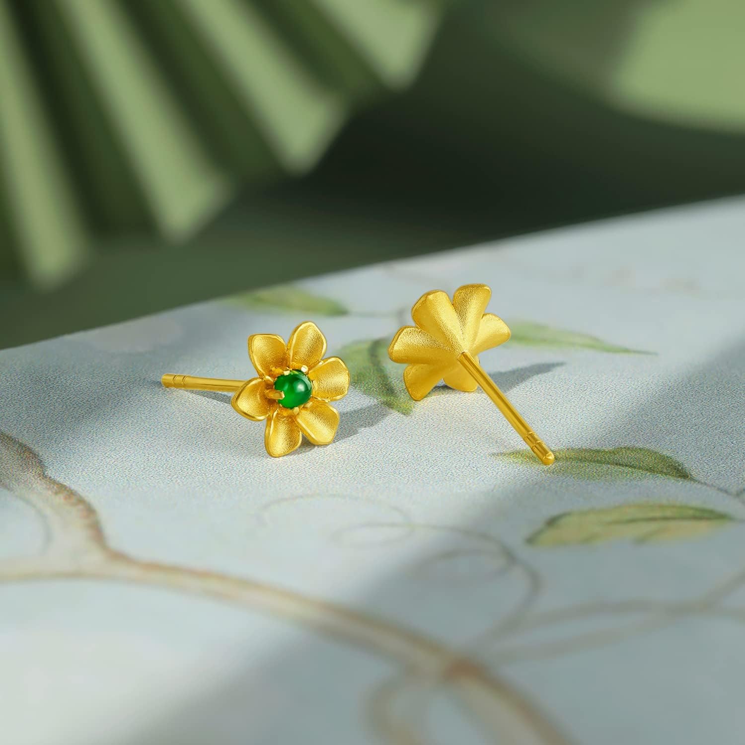 ZHOU LIU FU 24K Gold Earrings for Women Green Jade Flower Stud Earring Hypoallergenic Floral Studs Small Statement Trendy Dainty Lightweight Jewelry Natural Genuine Hetian Gifts