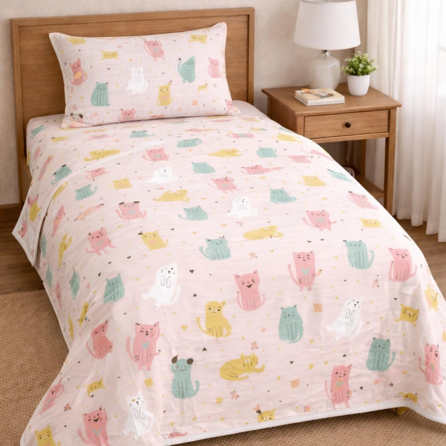 HABOO | Cute Pastel Cat & Heart Print Kids Cotton 3 Pcs Single Bed Set - 60 * 90 AC Dohar, Matching 1 Bedsheet,1 Pillow Cover, 1 Dohar Set | Kids Bedding Set-image-6