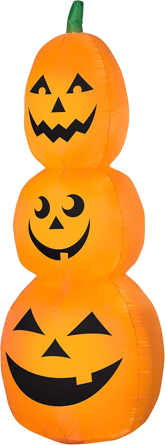 Gemmy Pumpkin Stack Halloween Inflatable Scene, 7 Ft Tall Lighted Jack O'Lantern Yard Decoration, Outdoor Decor with Stakes and Tethers