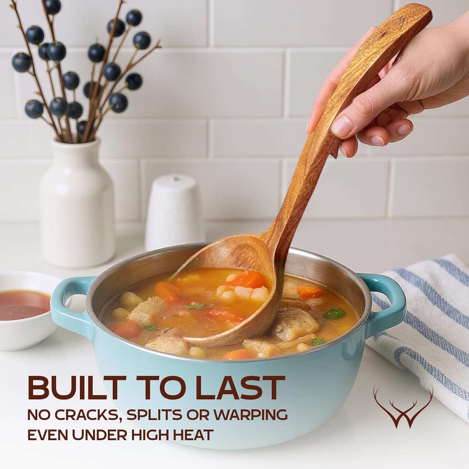 4Pcs Wooden Ladle Set – Teak Wood Soup Spoons with Hook Handles for Cooking, Serving, Stirring – Non-Stick Wooden Spoons for Pot & Bowl Use - Image 3