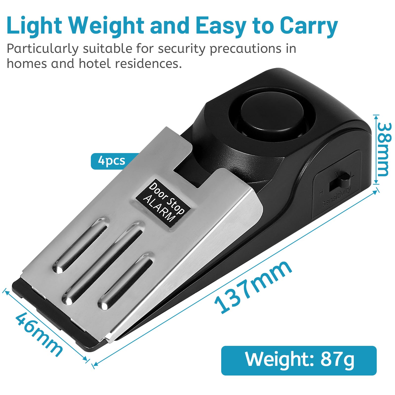DBREAKS 4 Door Stoppers, Door Wedge with Alarm 120 dB, Door Entry Alarm, 3 Door Stop, Door Alarm for Hotel Home Travel Security - Image 4