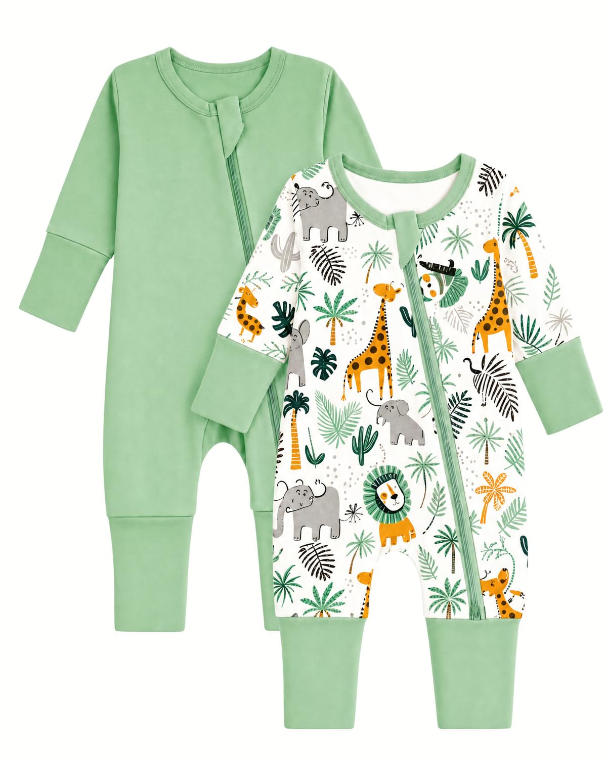 WYTbaby 2er Pack Baby Schlafanzug für Jungen und Mädchen, Baumwolle Kleinkind Strampler mit Reißverschluss und Umklappbaren Fäustlingen Babykleidung 0-24 Monate