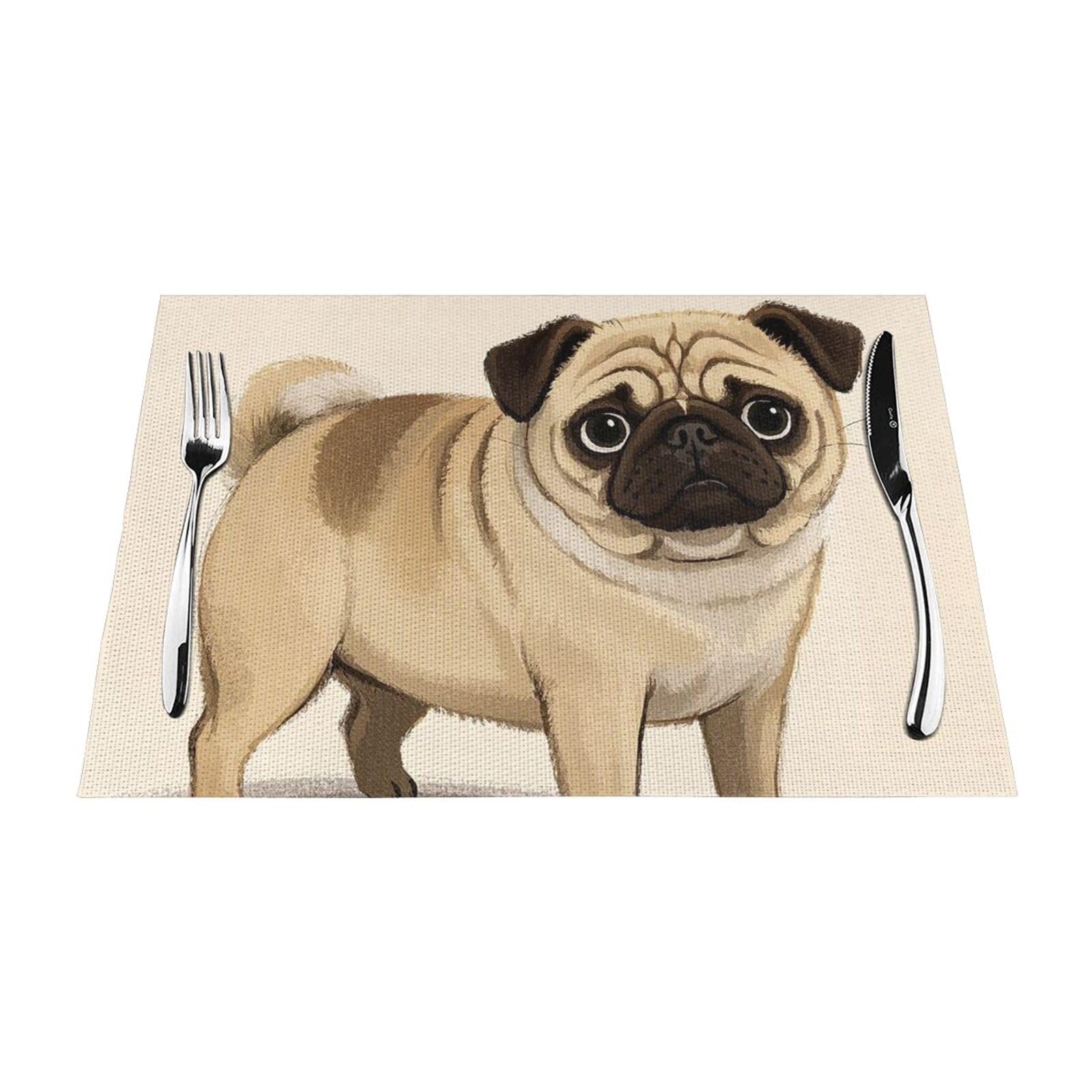 Cartoon Pug Placemats Set of 1 - Woven Vinyl Kitchen Table Placemats - Heat Resistant Non-Slip Place Mats for Dining Table, Washable Indoor Outdoor Table Mats 12x18 Inch