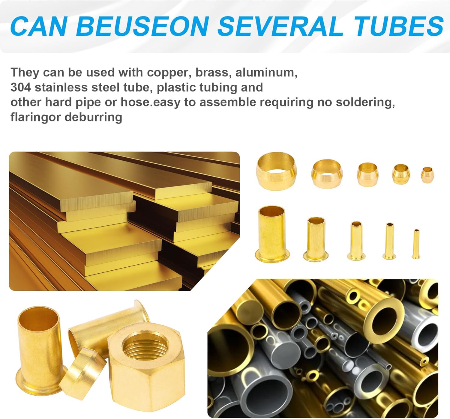 1/4", 3/8", 5/16", 1/2" OD Brass Compression Insert,Sleeve Ferrule,Nut 200PCS