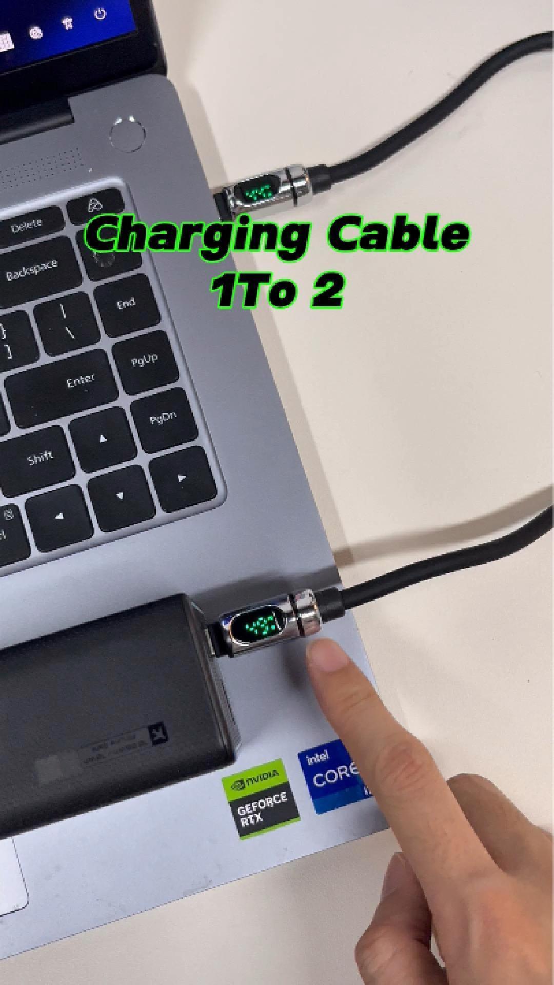 Image of MFish 140W 2-in-1 USB C to USB C Cable, Dual USB-C Fast Charging Cord with LED Power Display, PD 3.1 Smart Power Split for MacBook Pro /Air, iPad Pro, iPhone 17 /16 /15, Galaxy, 5FT Black