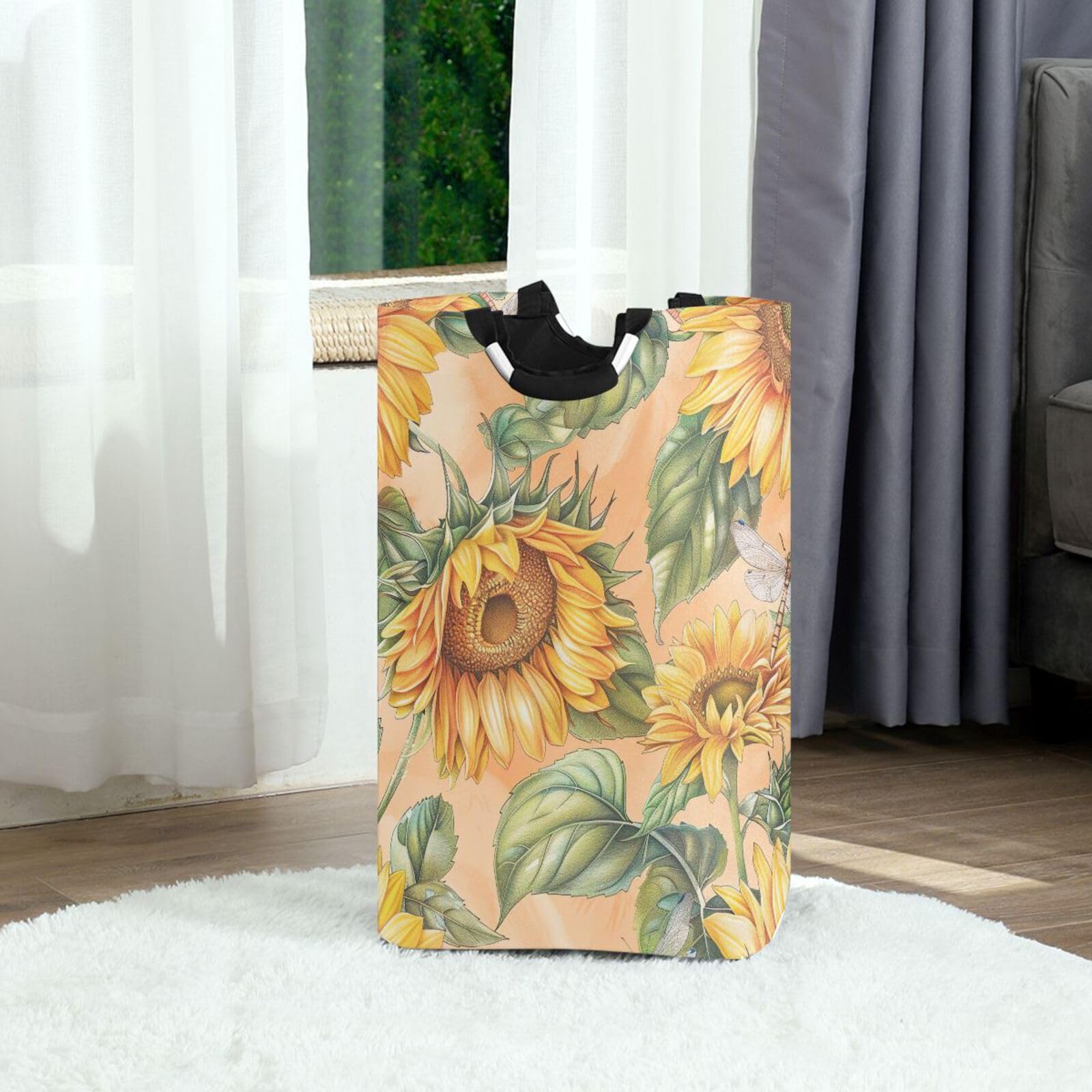 Jihqo Laundry Hamper Basket Vivid Sunflowers Daisy Collapsible Nursery Storage Bin Waterproof Clothing Baskets for Home Bedroom Bathroom Washing Room