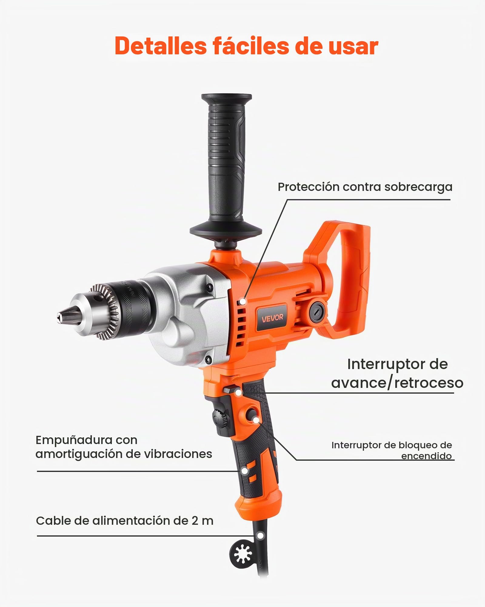 VEVOR 1100 W Mezclador de Mortero Eléctrico 2 en 1, Taladro Mezclador con Cable, Agitador de Hormigón con Mandril de 15,89 mm, 0-850 RPM, mango en D, para Taladrar, Mezclar Pegamento, Pintura