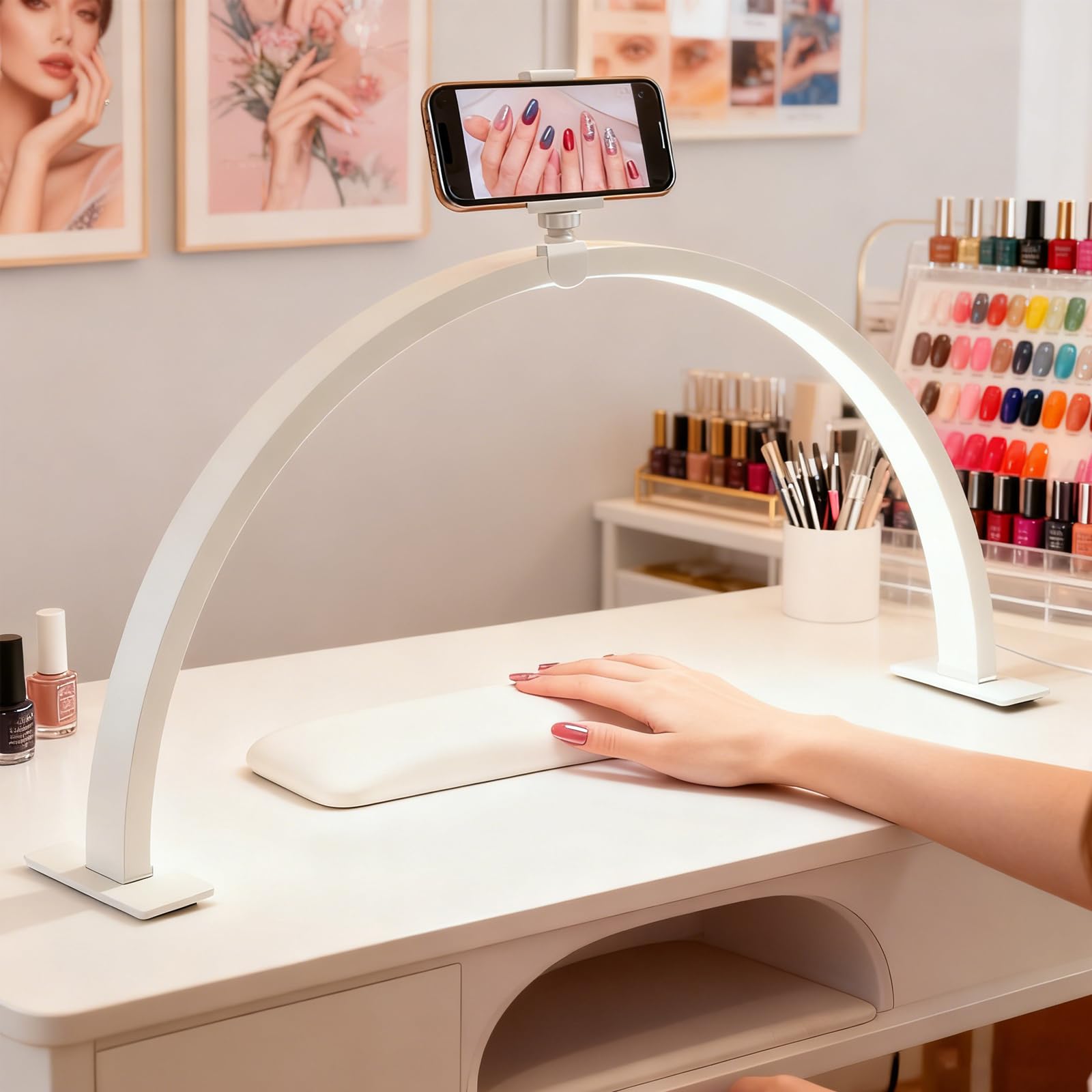Rehomy Half Moon Light for Nail Desk, 55CM LED Nail Lamp with Phone Holder, 3 Color Modes 10 Brightness Adjustable, Half Moon Table Lamp for Manicure Eyelash Extension, Tattoo, Makeup, Skincare