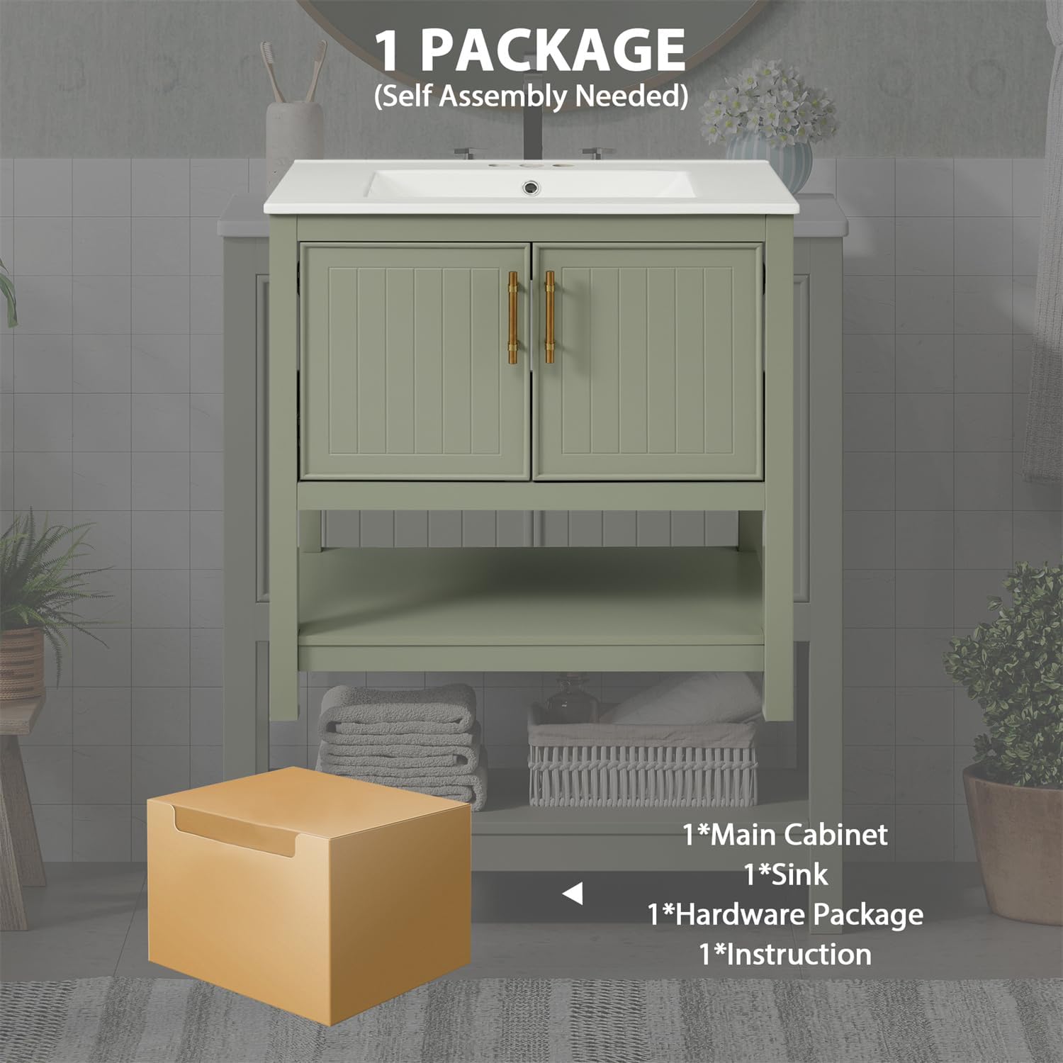 Linique 30 inch Bathroom Vanity with Ceramic Sink, Soft Closing 2 Doors with Shelf, Bottom Shelf, Metal Handles, Freestanding Wooden Storage Cabinet for Bathroom, Green