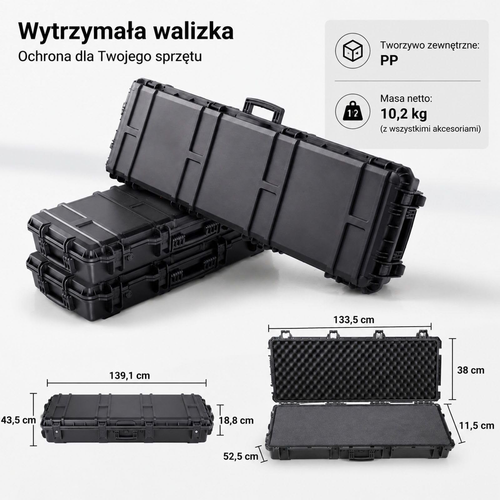 Sztywny futerał na długą broń, zamykany, z wyciętą pianką, kółkami, czarny