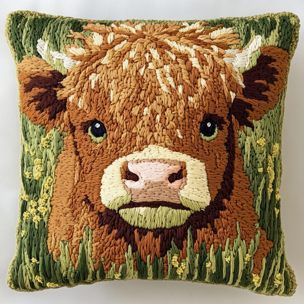 DIY Punch Needle Pillow Kit Cute Baby Highland Cow in Grass with Pattern and Hoop Handmade Embroidery Punch Needle Starter Pillowcase Set for Home Sofa Decor 43x43cm-1-8
